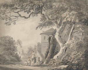 Romantisch Landschap met Figuren en een Hond door Paul Sandby