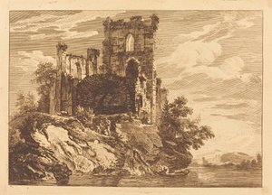 Ruïnes bij een Rivier met een Man in een Boot door Paul Sandby