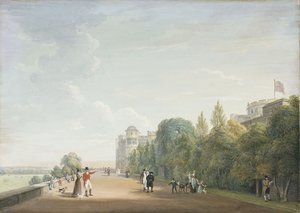 Windsor Castle: het noordterras kijkend naar het oosten, met elegante figuren, 1803 door Paul Sandby