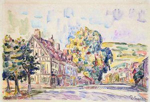 Straat met een vakwerkhuis in Normandië, ca. 1925