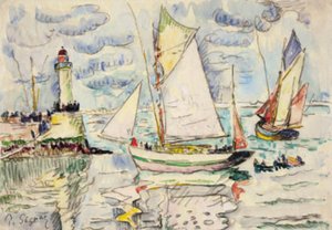 Twee vissersboten voor de ingang van de haven van Granville door Paul Signac