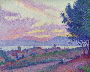Uitzicht op Saint-Tropez, zonsondergang in het dennenbos