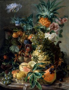 Stilleven van fruit en bloemen. Schilderij van Paul Theodor van Brussel (1754-1795) Privécollectie. door Paul Theodor van Brussel