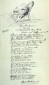 Gedichtteken van de Franse dichter Paul Verlaine (1844-1896) met schets van de vertegenwoordiger tijdens een lezing. 21/11/1893
