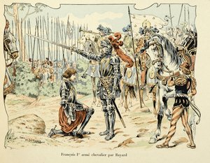 Illustratie uit het boek Histoire du chevalier Bayard door Theodore Cahu, geïllustreerd door Paul De Semant: Francois I, ridder geslagen door Bayard 1515