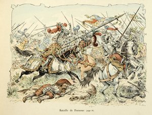 Illustratie uit het boek Histoire du chevalier Bayard door Theodore Cahu, geïllustreerd door Paul De Semant: Slag bij Fornoua 1495 door Paul de Semant