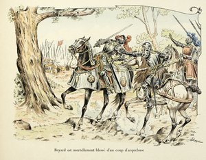 Illustratie uit het boek Histoire du chevalier Bayard door Theodore Cahu, geïllustreerd door Paul De Semant: Bayard verwondt dodelijk met een schot van een haakbus 1524