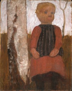 Kind in rood kleed bij berkenstam door Paula Modersohn-Becker