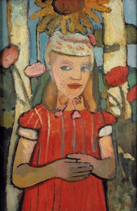Meisje in rode jurk voor zonnebloem, 1907 door Paula Modersohn Becker