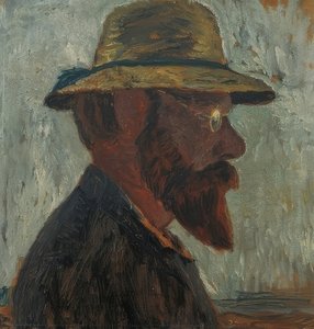 Otto Modersohn met strohoed in profiel naar rechts door Paula Modersohn Becker