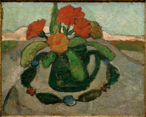 Stilleven met Goudsbloemen voor Landschap door Paula Modersohn Becker