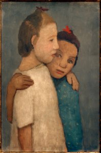 Twee meisjes in witte en blauwe jurk, leunend op de schutting door Paula Modersohn Becker