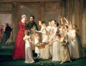 De aankomst van Marie-Louise de Habsbourg-Lorraine (1791-1847) in de galerij van het Chateau de Compiegne, 28 maart 1810