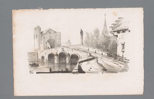Gezicht op een brug met poort, op de achtergrond een kerk