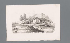 Gezicht op een huis gelegen aan een rivier door Paulus Lauters
