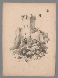 Gezicht op een ruïne van een toren met poort