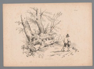 Landschap met bomen en een man met wandelstok en mand