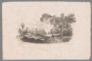 Landschap met figuren bij een rots door Paulus Lauters