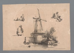 Molen aan het water met rondom drie figuurstudies door Paulus Lauters