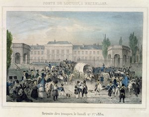 Porte de Louvain, Brussel: De terugtocht van de Nederlandse troepen, 27 september 1830, gegraveerd door Dewasme-Pletinckx
