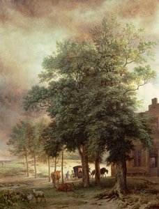Landschap met koets of huis achter de bomen