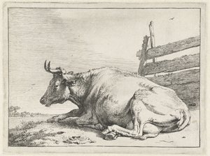 Liggende koe bij een hek (Het Bullenboekje) door Paulus Potter