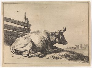 Liggende koe bij een hek door Paulus Potter