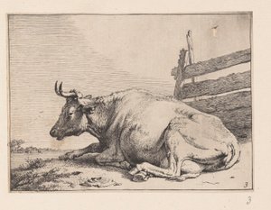 De liggende koe bij een hek, van Diverse ossen en koeien door Paulus Potter
