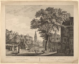 Gezicht op het Koningsplein naar de Reguliers of Munttoren, te Amsterdam door Paulus van Liender after Jan de Beyer