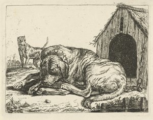 Liggende hond aan een ketting (Verschillende honden) door Pauwels van Hillegaert