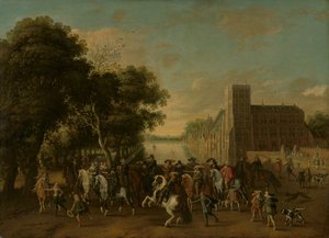 Prins Maurits, vergezeld door Prins Frederik Hendrik, Frederik V van Bohemen en zijn vrouw Elizabeth Stuart, en anderen, op het Buitenhof, Den Haag door Pauwels van Hillegaert