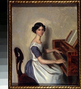 Portret van Nadezhda Zhdanovich aan het klavecimbel door Pavel Andreevich Fedotov