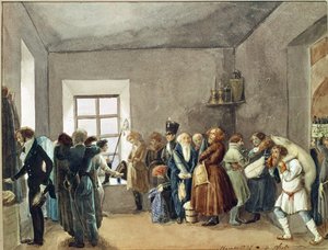 Ontvangstkamer van een politiecommissaris de nacht voor een feestdag door Pavel Andreevich Fedotov