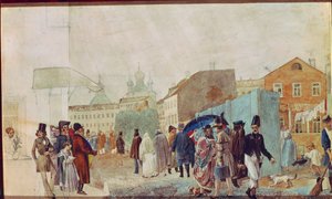 Straatscène in de regen in Moskou door Pavel Andreevich Fedotov