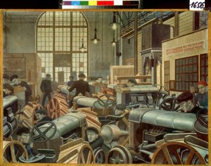 De tractorassemblagewerkplaats in de Putilov-fabriek door Pawel Nikolajewitsch Filonow