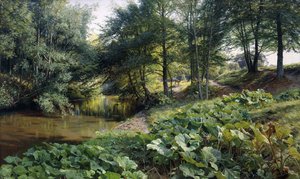 Een Bebost Rivierlandschap met Herten