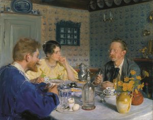 Een ontbijt, De kunstenaar, zijn vrouw en de schrijver Otto Benzon door Peder Severin Kroyer