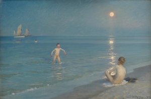 Jongens baden in Skagen. Zomeravond