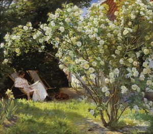 Rozen. Marie Krøyer zittend in de ligstoel in de tuin bij het huis van mevrouw Bendsen
