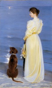 Zomeravond bij Skagen. De vrouw van de kunstenaar met hond aan de waterkant
