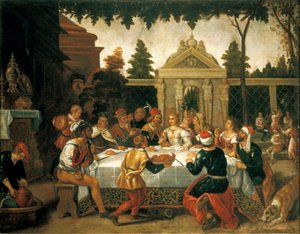Bruiloftsfeest van Isaac en Rebecca, door een kunstenaar van de Pedro Orrente school (1580-ca 1645) door Pedro (school of) Orrente