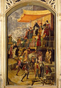 Inquisitie: Autodafe voorgezeten door Sint Dominica de Guzman (1170-1221), stichter van de Dominicaanse Orde door Pedro Berruguete