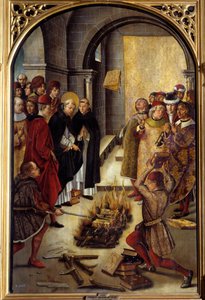 Sint Dominicus en de Albigenzen (Het Wonder van Fanjeaux): de heilige geeft de Albigenzen het boek dat hun ketterij weerlegt en de Albigenzen proberen het te verbranden, zonder succes. Schilderij door Pedro Berruguete (1450-1504). 16e eeuw door Pedro Berruguete