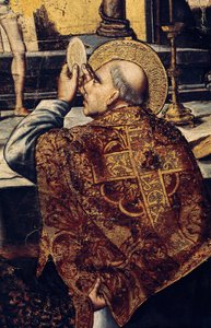 De Eucharistie (De heilige heft de hostie op, een christelijk symbool van het lichaam van Christus). Detail van het altaarstuk van De Mis van Gregorius I, genaamd de Grote of Dialoog (540-604) Paus in 590. Schilderij door Pedro Berruguete (1450-1504). Rena door Pedro Berruguete