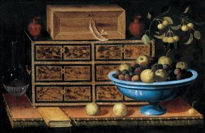 Schrijftafel met een kleine kist en een fruitschaal