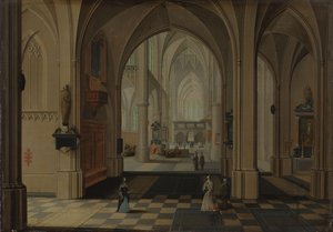Interieur van een denkbeeldige gotische kerk, kijkend naar het oosten