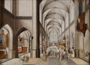 Interieur van een driebeukige gotische kerk tijdens een preek door Peeter Neeffs d.Æ.
