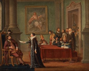Christina Gyllenstierna met de brief van vrijgeleide voor koning Christiaan II van Denemarken door Pehr Hilleström