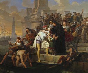 Christoffel Columbus omhelst zijn twee zonen en beveelt hen aan bij Vader Giovanni Perez voor vertrek uit Palos om Amerika te ontdekken door Pelagio Palagi
