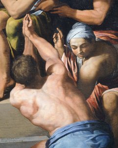 Man met ontbloot bovenlijf, detail van Aanbidding van het Kind door Pellegrino Tibaldi